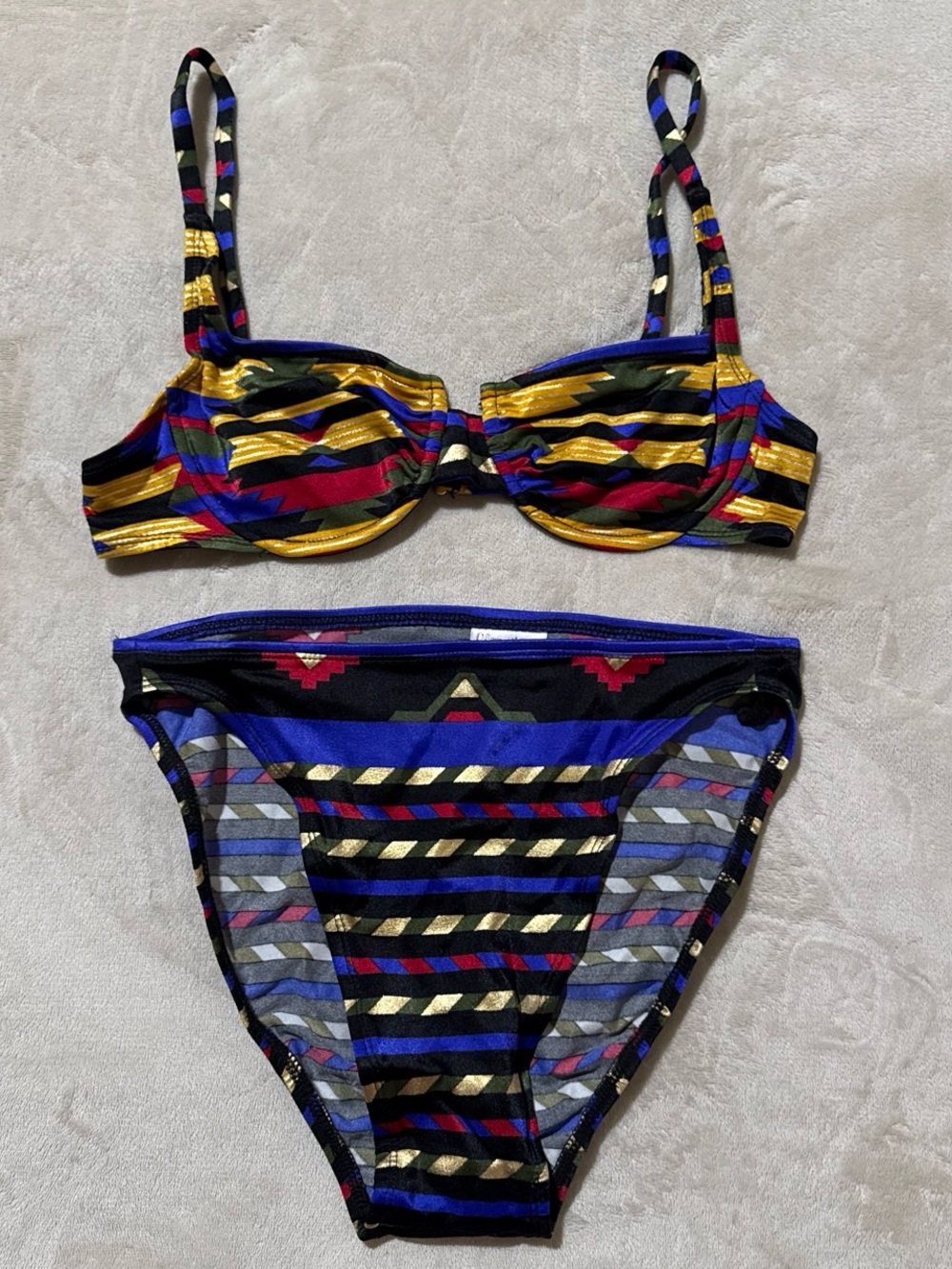 Striped Metallic Accent Bikini in Black, Gold & Blue